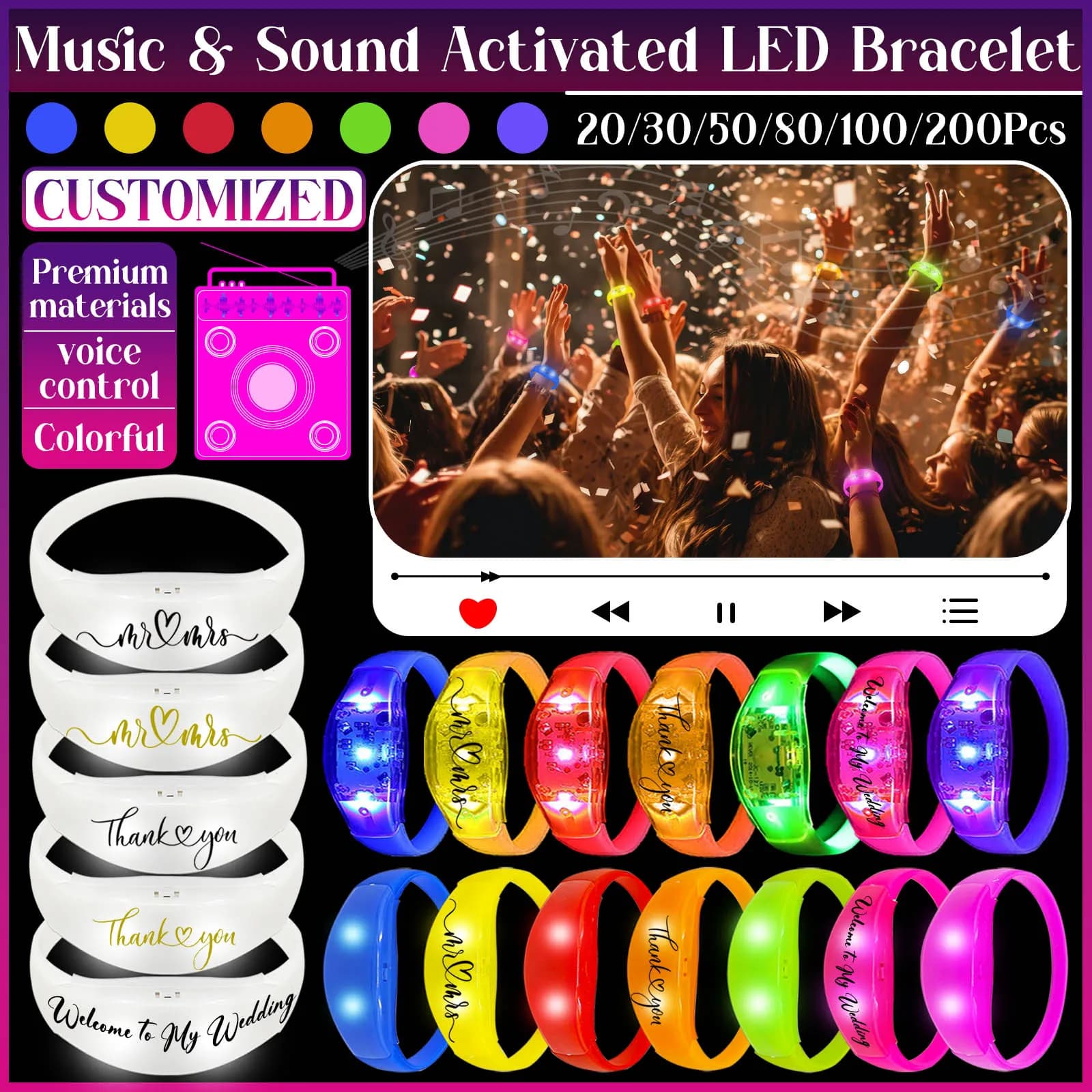 20-200 pezzi Braccialetti LED attivi con musica e suono Braccialetti illuminati che si illuminano al buio per gli ospiti Accessori per feste di nozze