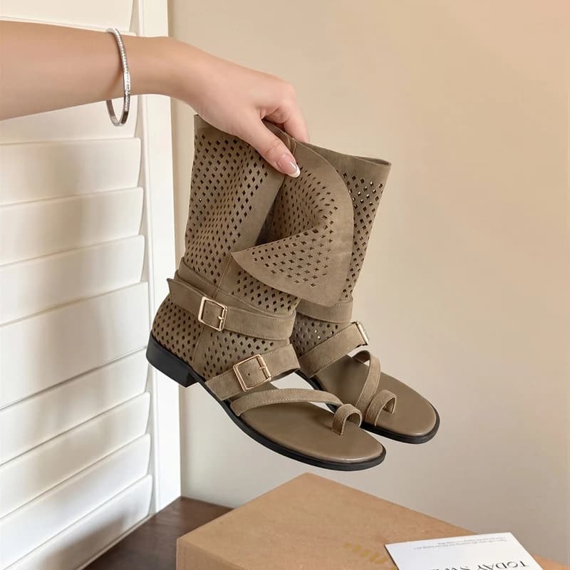 2026 Women's Summer Fashion Short Boots Round Toe Breathable Genuine Leather Hollow Out Belt Buckle Design Heightening Open Toe