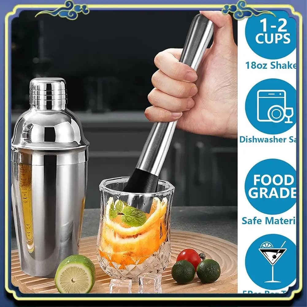 Ultimo set di shaker per cocktail da 5 pezzi Shaker Strainer Jigger T-Mixing Spoon Muddler Kit da barista Set da bar in acciaio inossidabile