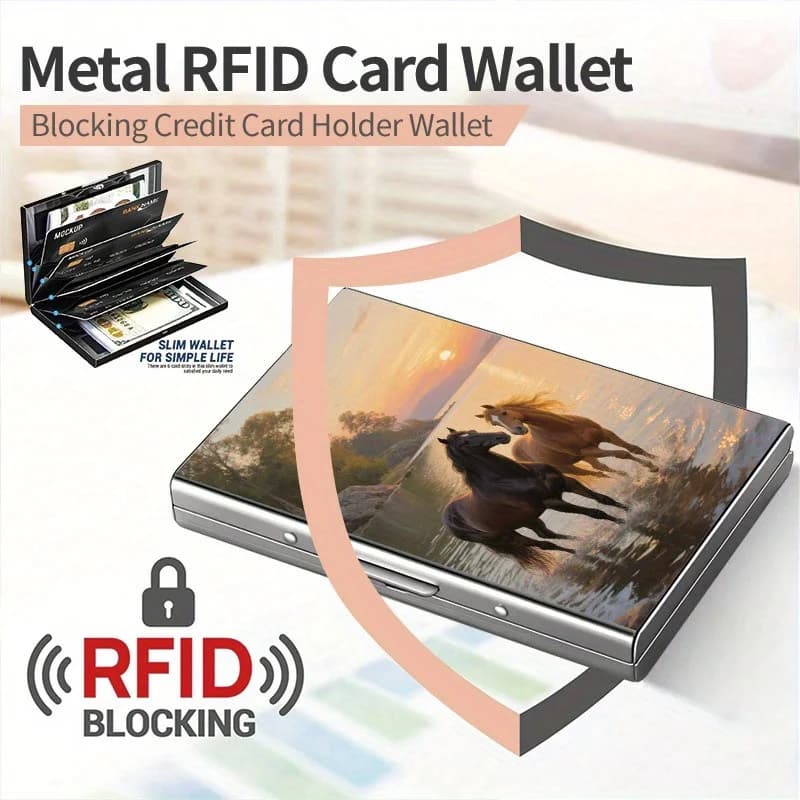 Portafoglio in metallo RFID di fascia alta con due cavalli che giocano nell'acqua, carta di archiviazione sicura | superficie lucida | struttura metallica