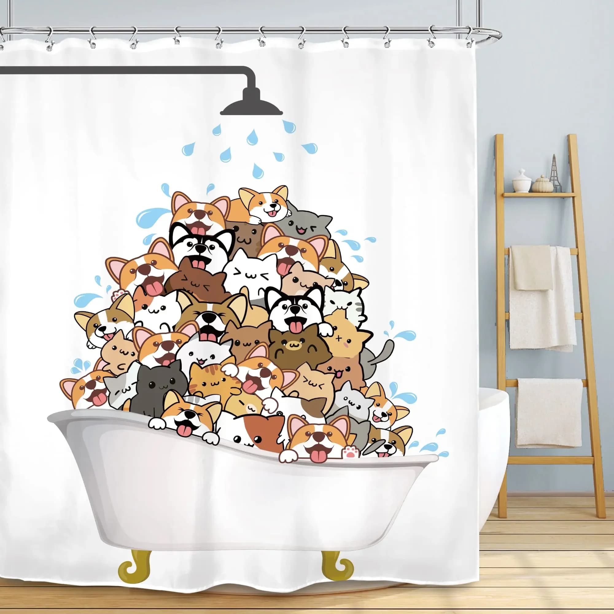 Gatti e cani Tenda da doccia Pioggia Cartoon Corgi Animale carino Esilarante Animale che gioca Acqua Tenda da bagno impermeabile in poliestere