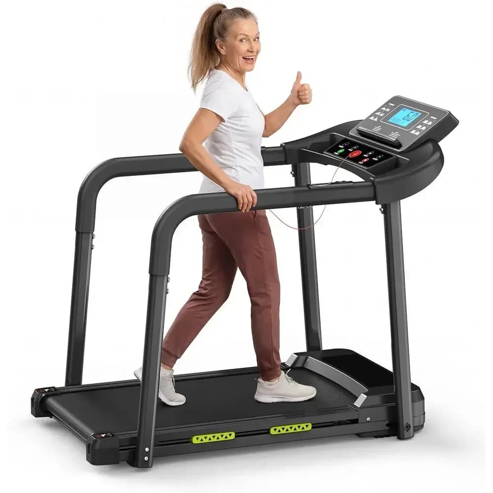 Senior-Friendly Home Treadmill with Long Rails, Heart Rate Monitor, Wide Belt, 2.5 HP, 300 lbs Capacity, PAD Stand & Cup Holder