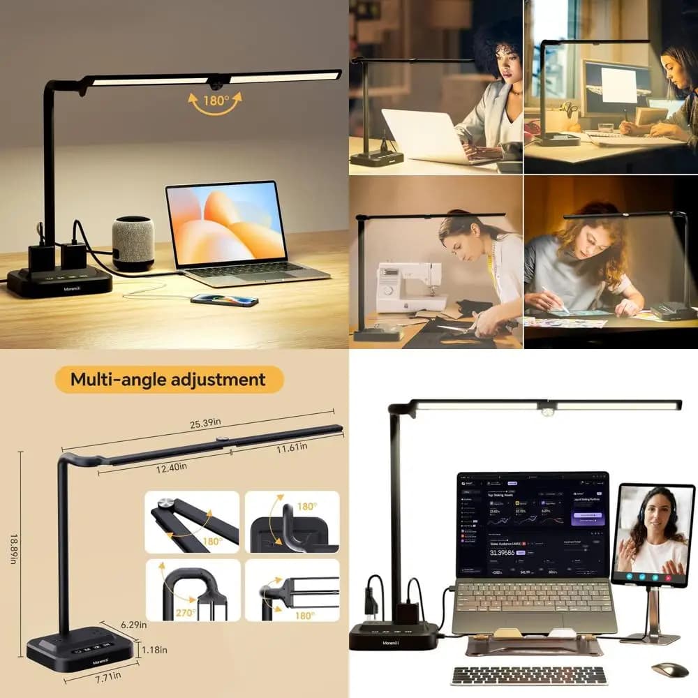 Lampada da Scrivania LED Regolabile con Hub di Alimentazione Integrato, Prese Multiple, Ricarica USB, Design Anti-Riflesso e Pieghevole