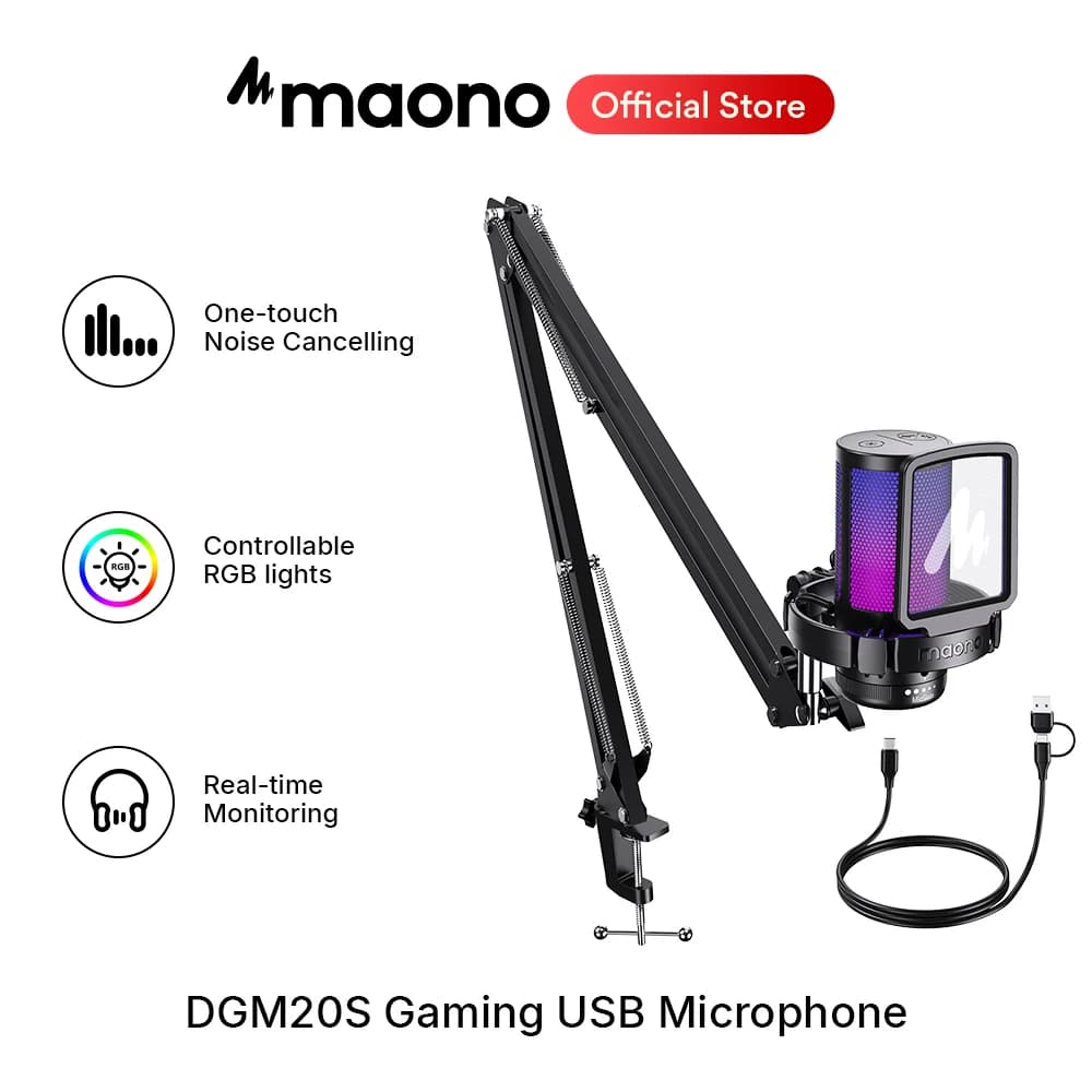 Microfono USB da gaming Maono DGM20S a condensatore con luce RGB, cancellazione del rumore e braccio regolabile per streaming, podcast, YouTube e TikTok