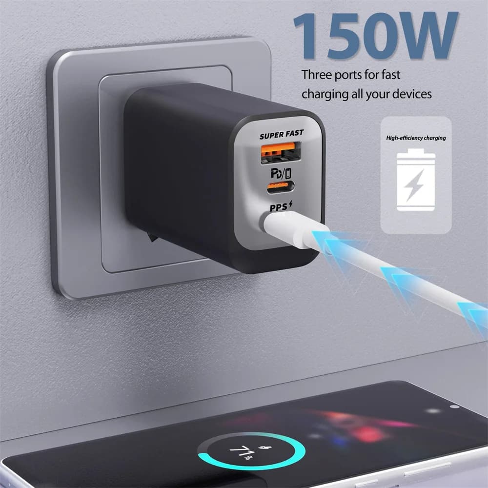 Caricatore USB C da 150W 3 IN 1, Adattatore di Alimentazione a Ricarica Rapida PD Quick Charge 3.0, Caricatore da Muro con Spina EU/UK/US per iPhone 17 Samsung Xiaomi