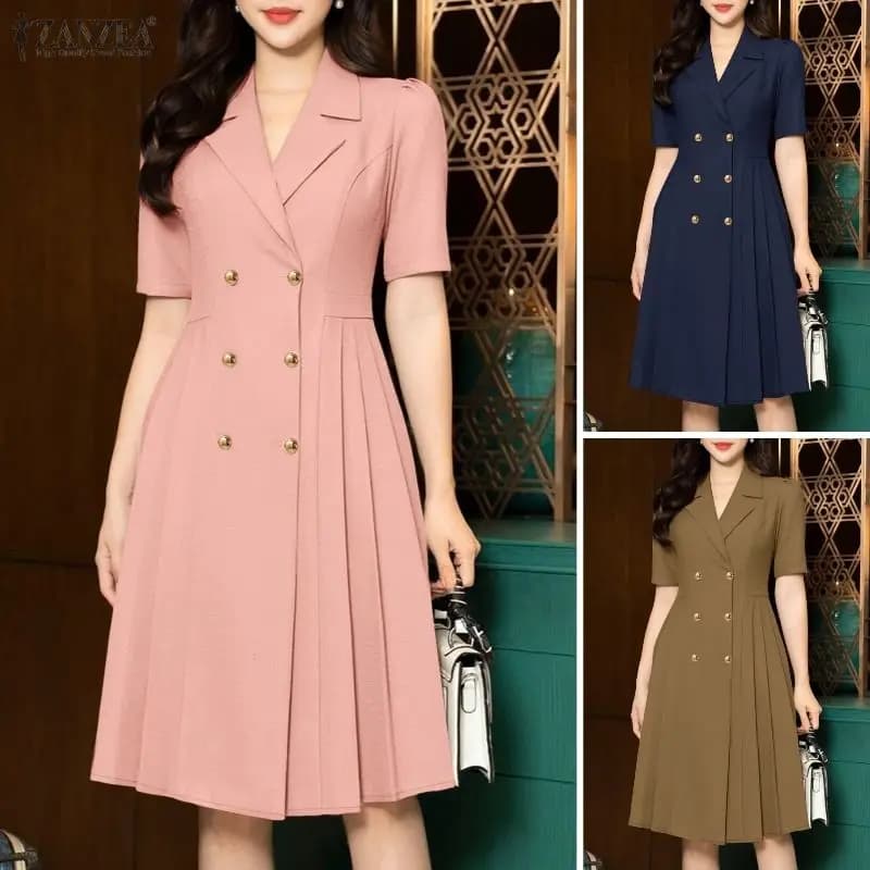 2026 ZANZEA Summer Elegant Short Sleeve Buttons-Up Sundress Women Dresses Stylish Solid Color OL Work Dress A Line Pleated Robe