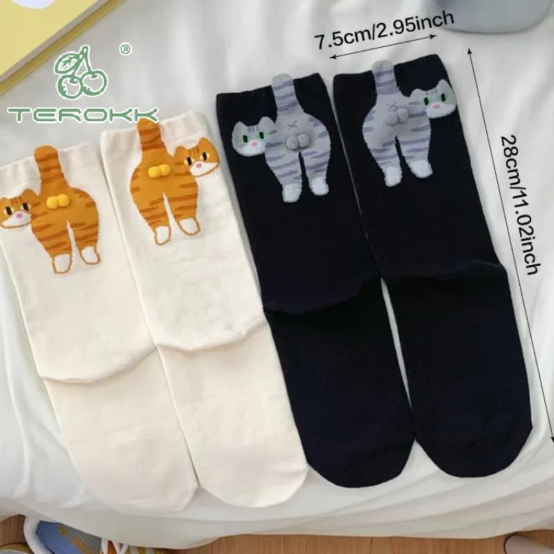 1/2Pair Cartoon Cute Cat Ball Cotton Sock Kawaii Lolita Knitting Socks Women Girls Middle Tube Sleep Sock Cat Print Floor Sock