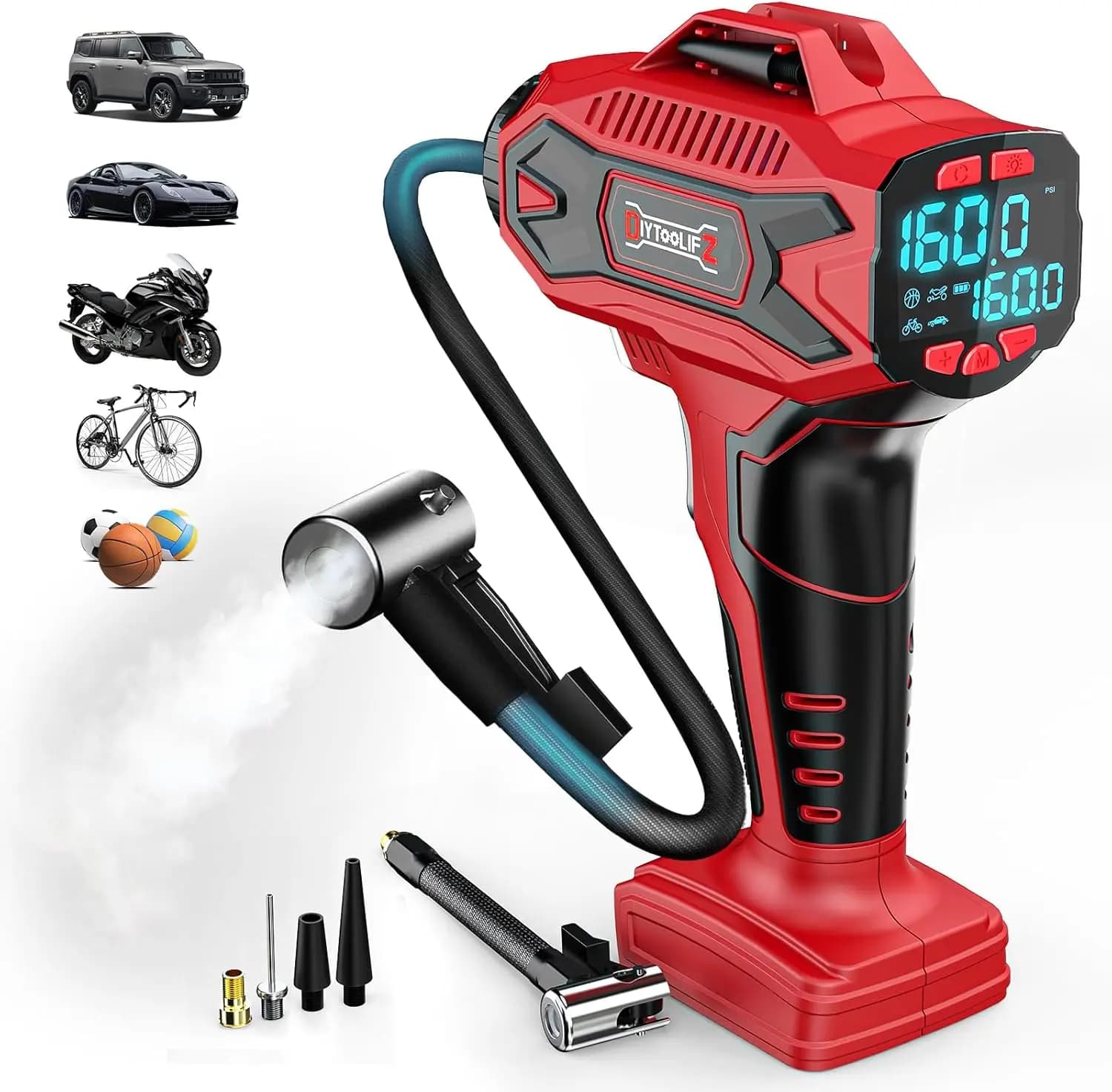 Compressore d'aria portatile senza fili per pneumatici, manometro digitale per auto, biciclette e palloni, gonfiaggio rapido