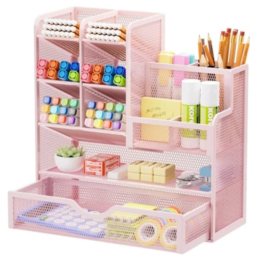 Mesh Desk Organizer with Drawer, Multi-Functional Pencil Organizer, 12 Compartments, Pink, Modern, Minimalist
