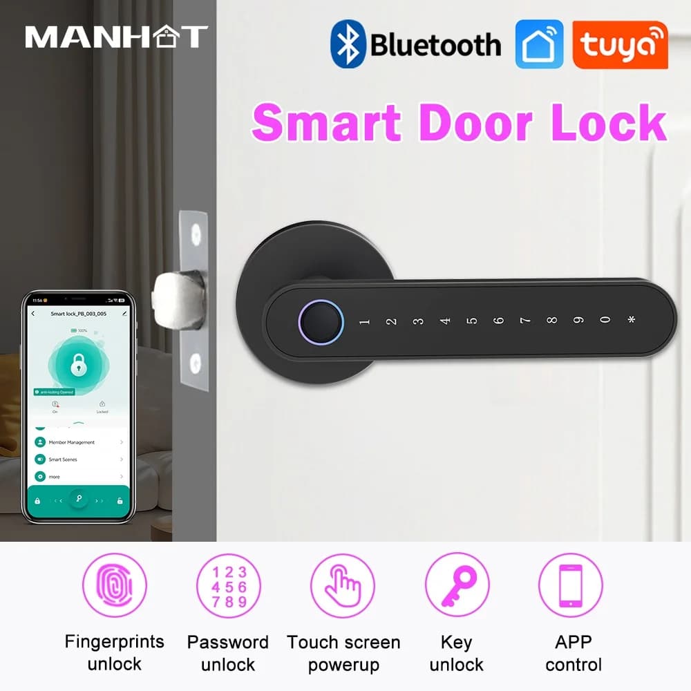 Tuya Bluetooth Smart Fingerprint Door Lock Serratura elettronica digitale con password/chiave/Smartlife/APP Tuya Sblocca bagno camera da letto