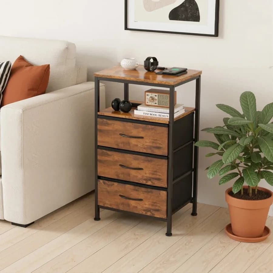 Nightstand with Charging Station Variable LED Strip End Table with 3 Fabric Drawers USB TypeC Outlets Rustic Brown