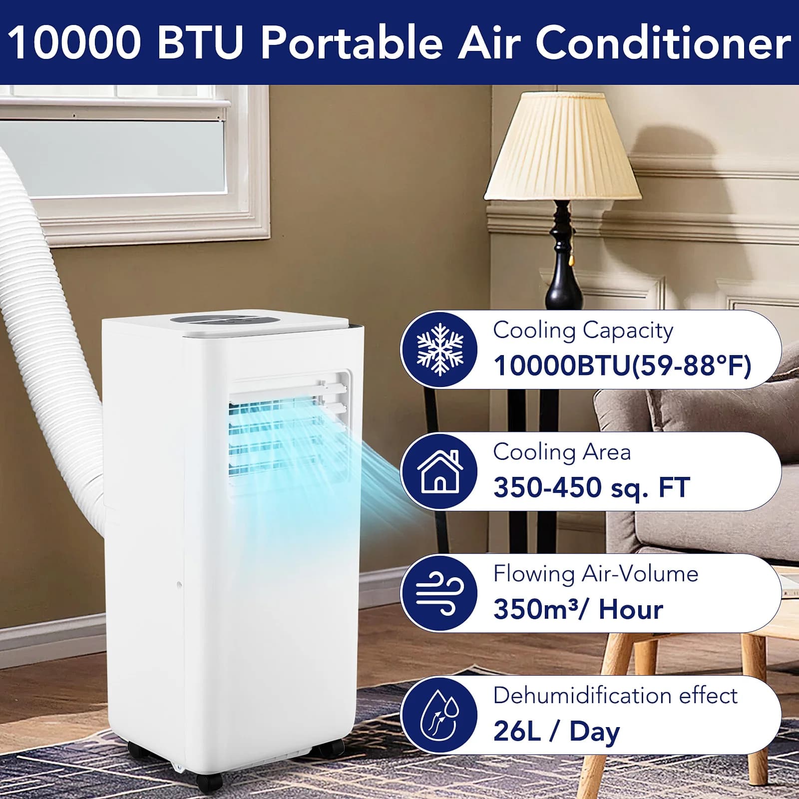 Condizionatore d'aria portatile da 10000 BTU, dispositivo 3 in 1 per raffreddamento/deumidificatore/ventilatore per ambienti di 450 piedi quadrati, silenzioso, da pavimento, con telecomando e kit per finestra