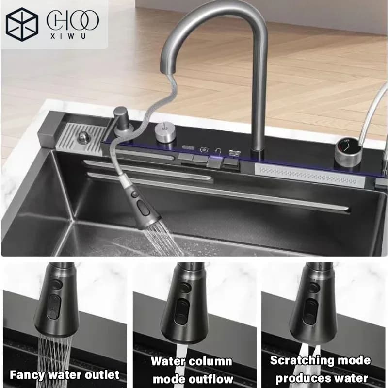 Stainless steel cascade kitchen sink with sinks and knives, honeycomb embossed, for home/apartment worktop, large single sink