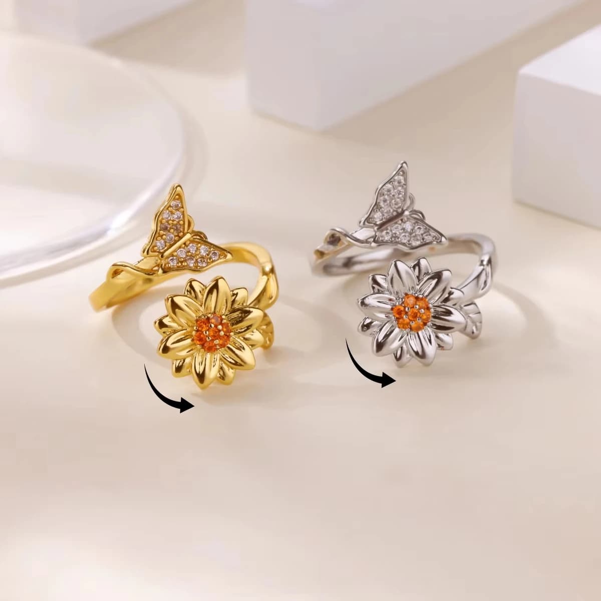 Anelli Antistress a Forma di Farfalla per Donne, Anello Girevole Color Oro con Girasole e Zirconi, Gioiello Trendy da Regalo