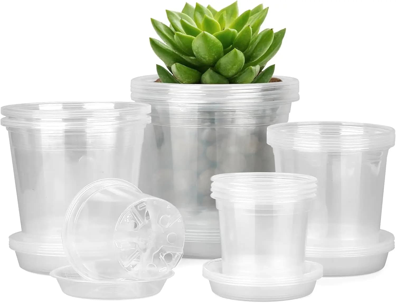 Vasi da vivaio trasparenti con sottovasi, confezione da 20, vasi da fiori in plastica da 4/5/6/7 pollici con fori di drenaggio per piante da interno ed esterno