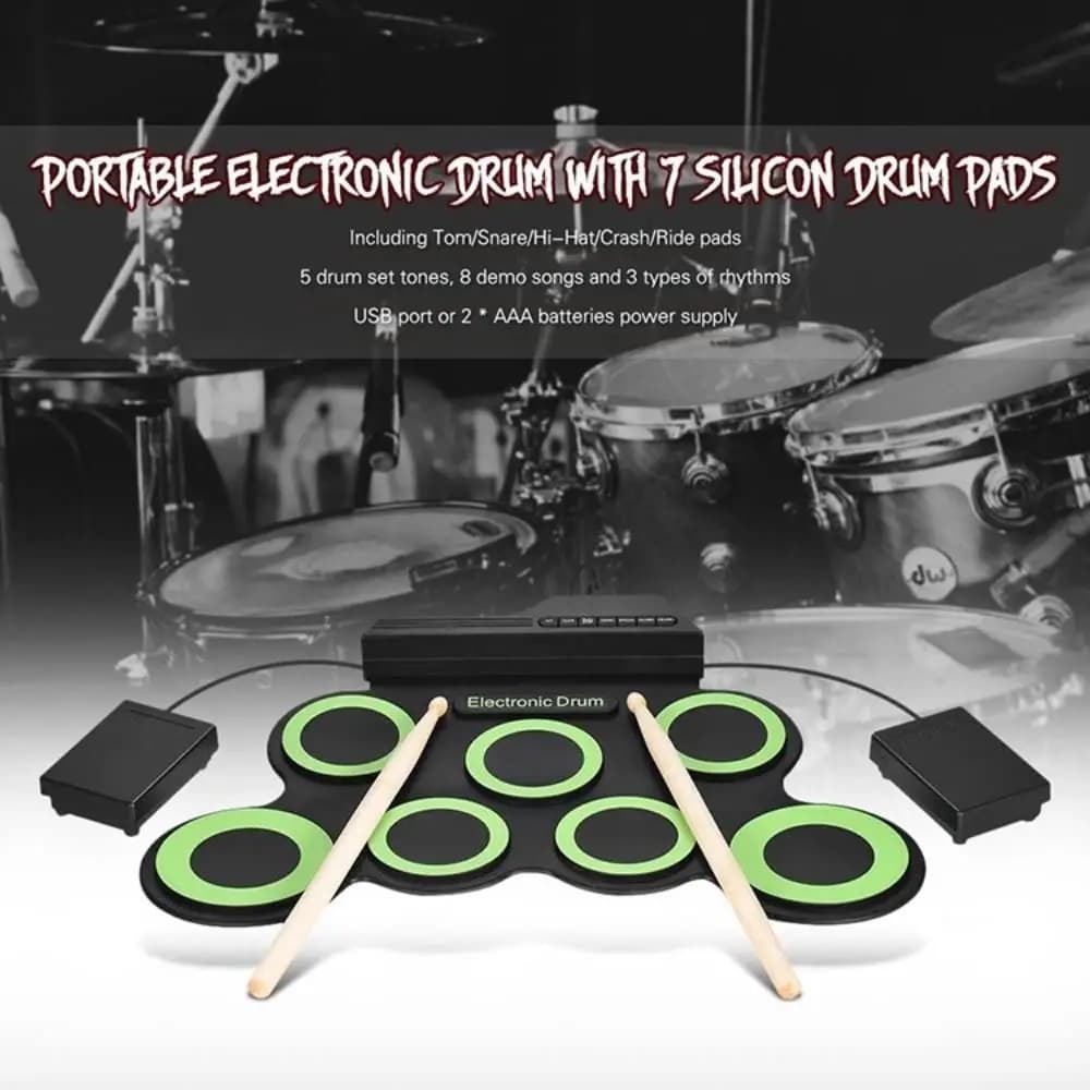 Set di Batteria Elettronica Portatile con 7 Pad USB, Batteria Elettronica Pieghevole per Pratica Musicale, Pop e Rock, per Principianti