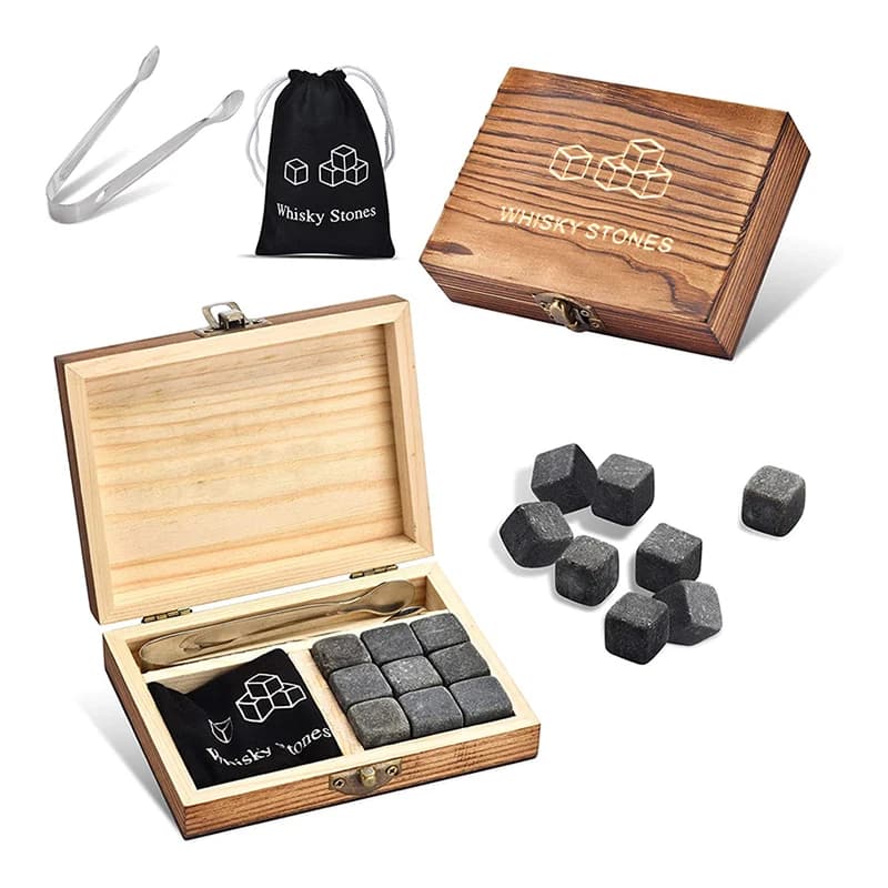 9 pezzi pietre di ghiaccio per whisky cubetti di ghiaccio riutilizzabili strumenti da bar pietre di ghiaccio di raffreddamento per whisky regali per gli amanti del whisky set di scatole di legno di pietra