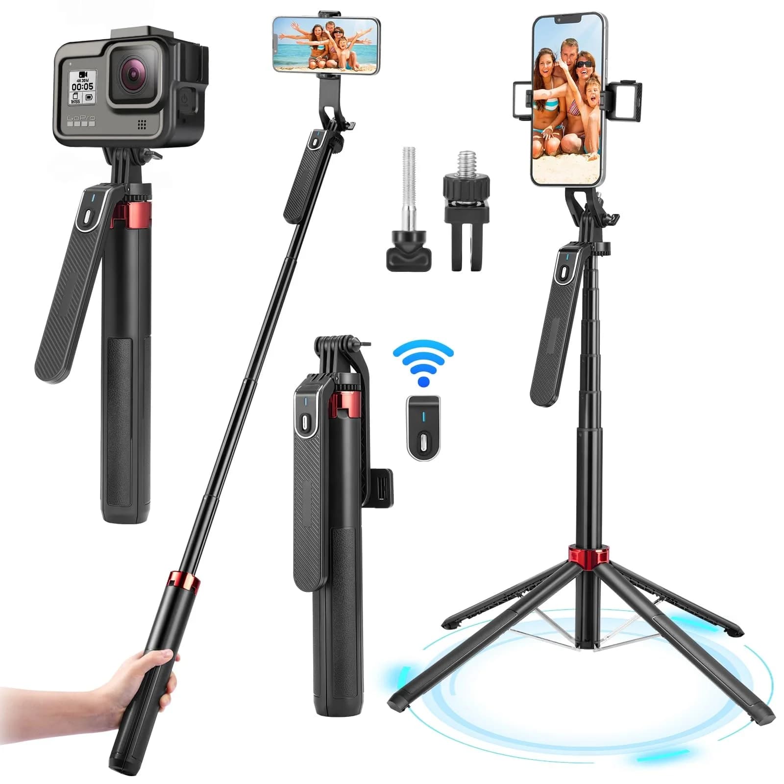Treppiede per selfie stick LISCN 1,85 M Quattro in uno Bluetooth Supporto retrattile stabile a quattro angoli compatibile con tutti gli smartphone