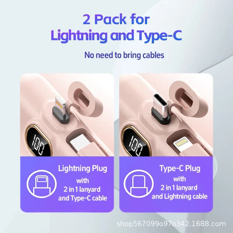 Mini 10000mAh Power Bank Cavo costruito Caricatore portatile per telefono cellulare Capsula batteria esterna Powerbank per iPhone di tipo C