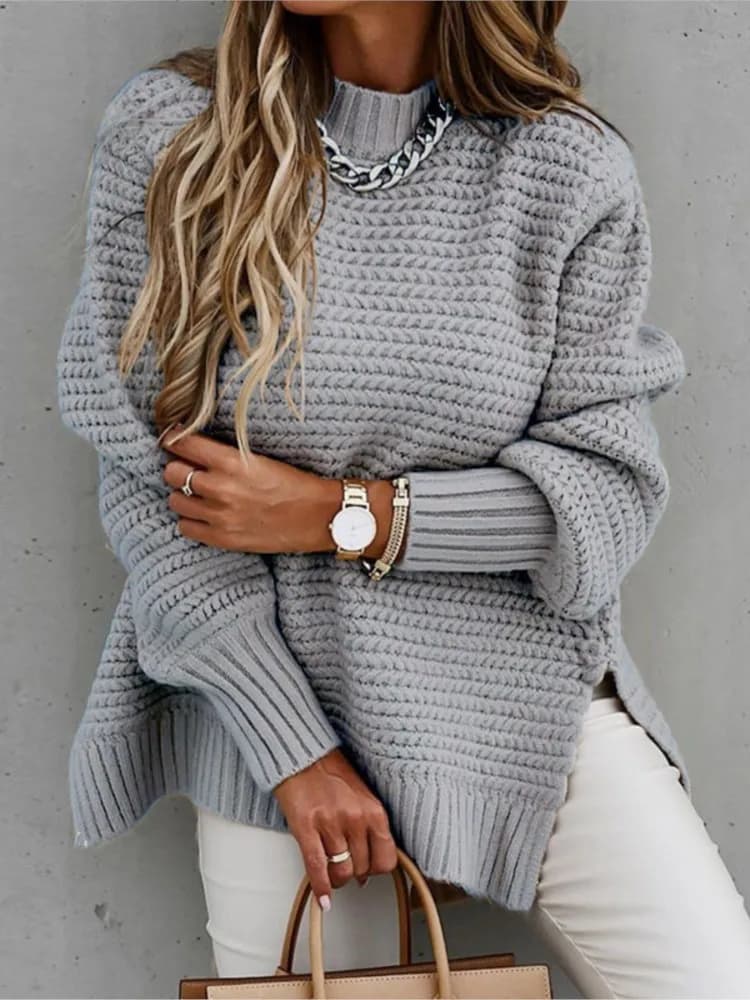 Maglione lavorato a maglia casual allentato autunno e inverno Maglione pullover diviso a maniche lunghe con colletto semi-alto semplice tinta unita da donna