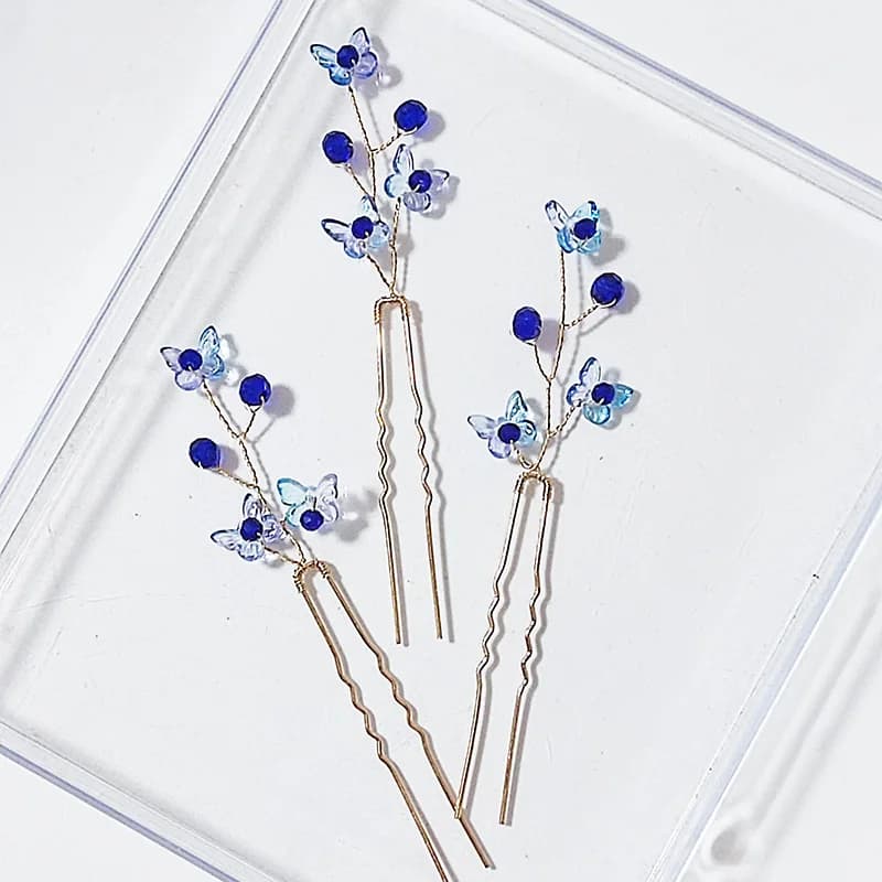Set di 3 Fermagli per Capelli da Sposa con Cristalli Blu a Forma di Farfalla, Accessori per Acconciature Femminili