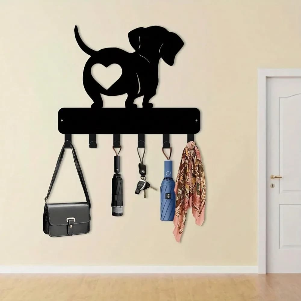 Portachiavi in metallo bassotto - Gancio da parete per chiavi, cappelli e decorazioni, design a cuore, nero, facile installazione, 11,81 pollici, organizer per ufficio domestico