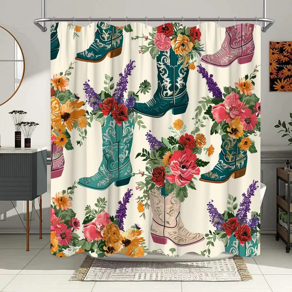 1 tenda da doccia con stivali da cowboy western - Stivali turchesi con motivi floreali (rosa, giallo, viola, arancione, verde, rosso, bianco)