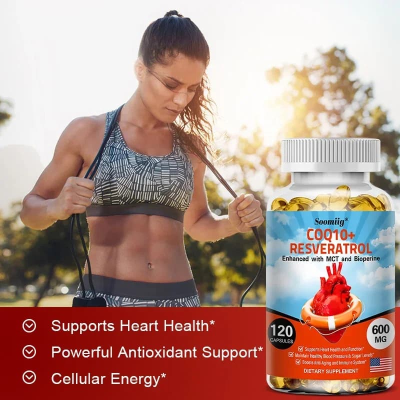 Soomiig 120 capsules CoQ10 + resveratrol capsule supplement, energy support, vitamins, heart health and blood pressure levels