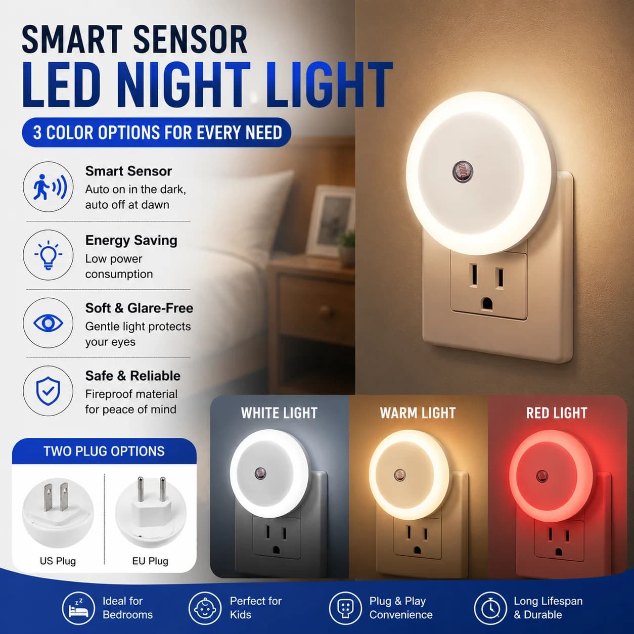 1PCS Lampada da parete a LED intelligente con sensore di luce rossa per favorire il sonno, luce notturna a risparmio energetico per camera da letto e soggiorno