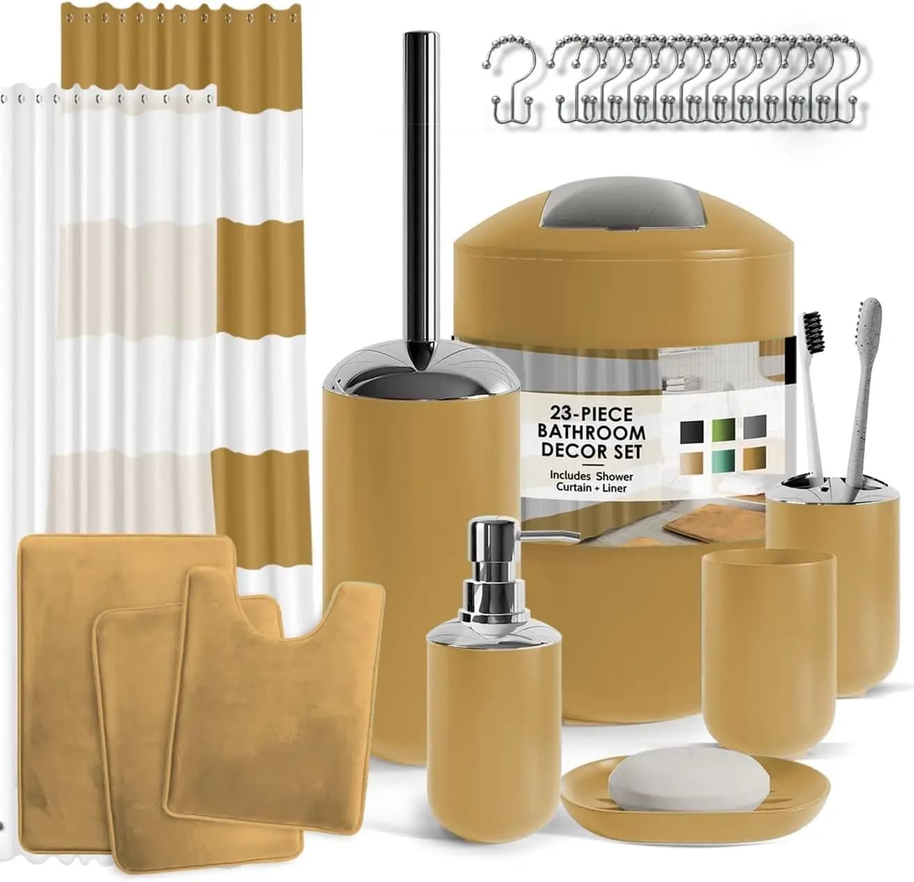 Set Bagno di Lusso 23 Pezzi in Oro con Tappeti Antiscivolo e Tenda Doccia, Accessori Completi per un Arredamento Elegante