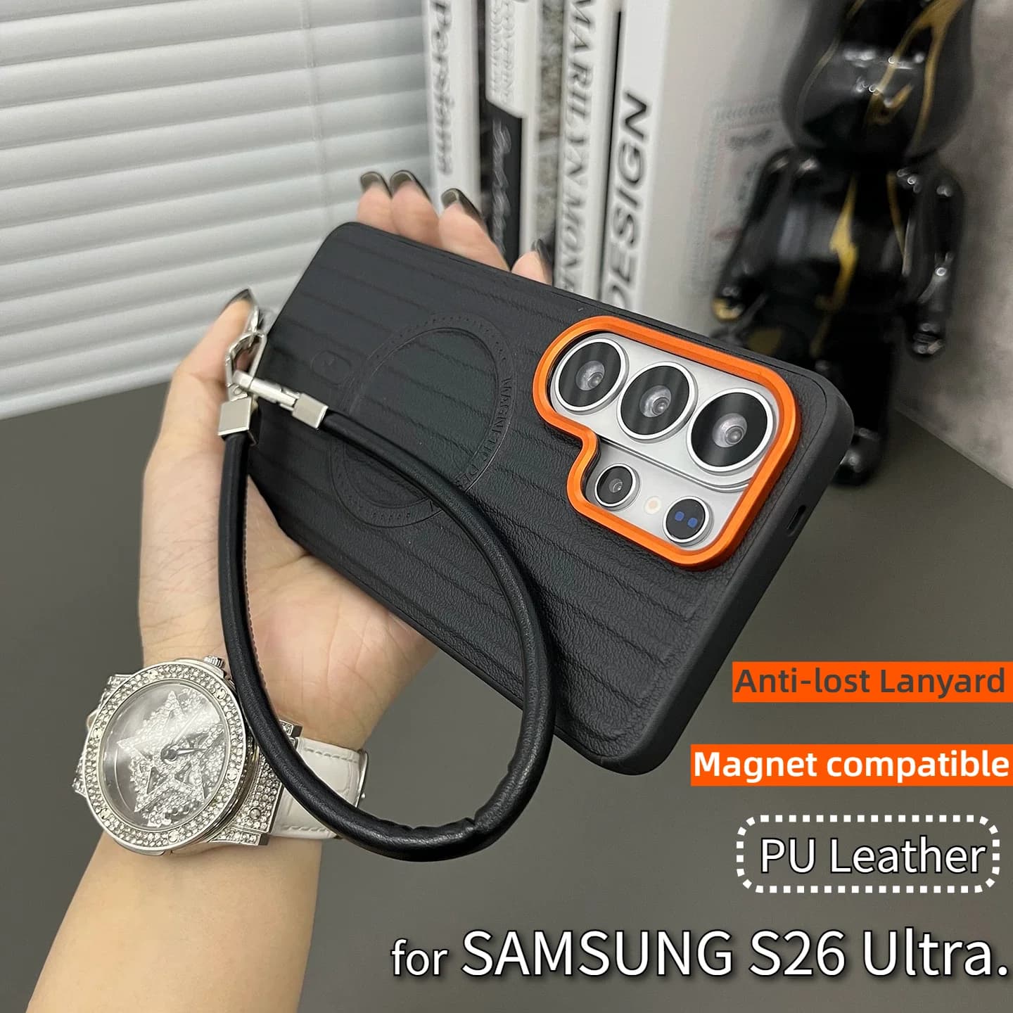 Custodia per telefono di lusso semplice in pelle PU ondulata per Samsung S26 Ultra S25 Plus S24 con cinturino da polso Magsafe e cover posteriore antiurto