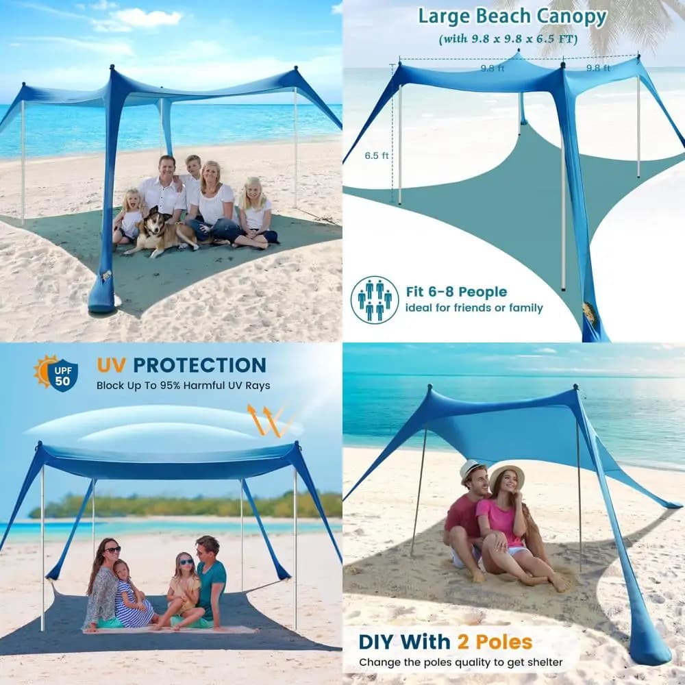 10x10 foot UV50+ beach tent with sand anchors, poles and wind resistant features for outdoor protection