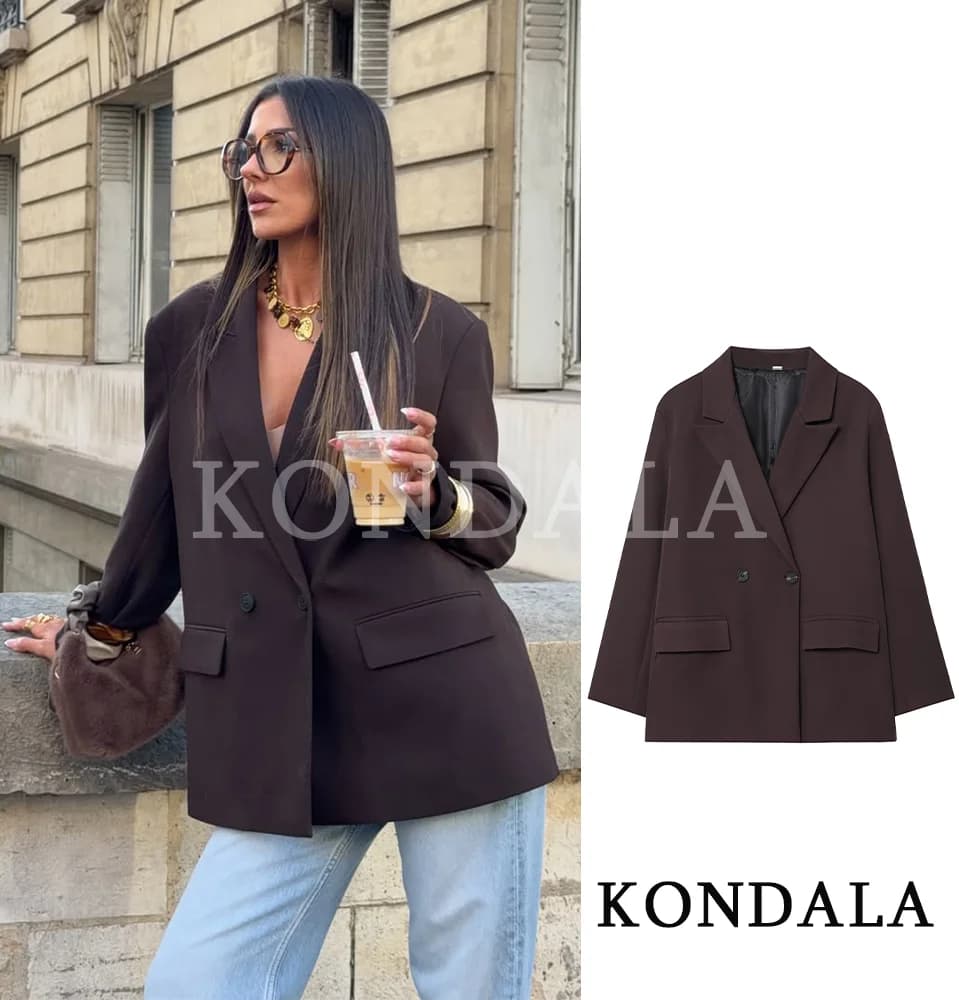 KONDALA Elegant Commute Double-breasted Blazer Women Vintage Brown Buttons Blazer 2026 Spring Summer Trendy Office Lady Blazer