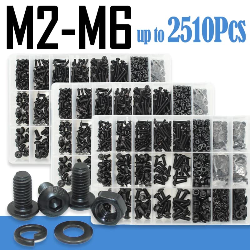 2510p Kit viti a testa bombata con esagono incassato M2 M2.5 M3 M4 M5 M6 Nero Viti a brugola di grado 10.9 Bulloni con dadi Rondella ISO7380