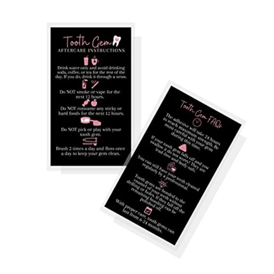 Tooth Gem Aftercare Instructions Cards 50 Pack Size 2x3.5 inches inch Business Card Wallet Sized Black with Rosey Pink Design,