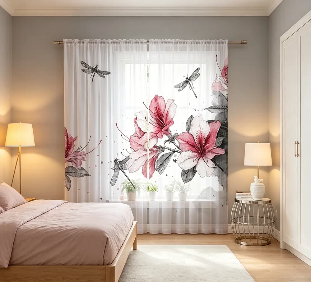Digital Print Sheer Curtains, Red Iris Dragonfly Pattern, Natural Pastoral Style for Living Room Bedroom Window Decor