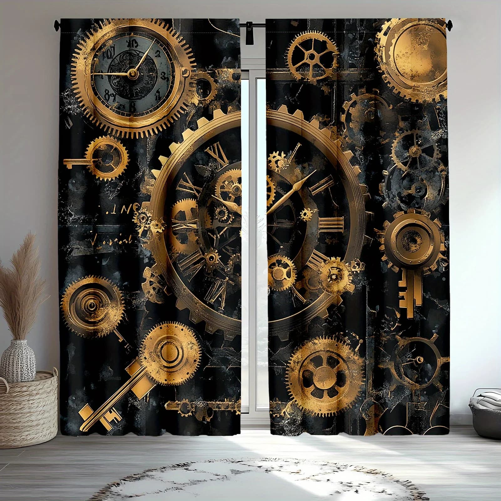 2 tende Steampunk Vintage Art: nere industriali con ingranaggi dorati e design dell'orologio, poliestere semitrasparente, macchina W