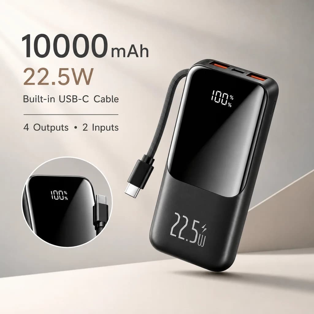 Mini Power Bank 10000mAh 22.5W Portable Charger with Built-in USB-C Cable For iPhone 17 Samsung S25 S24 Xiaomi Huawei