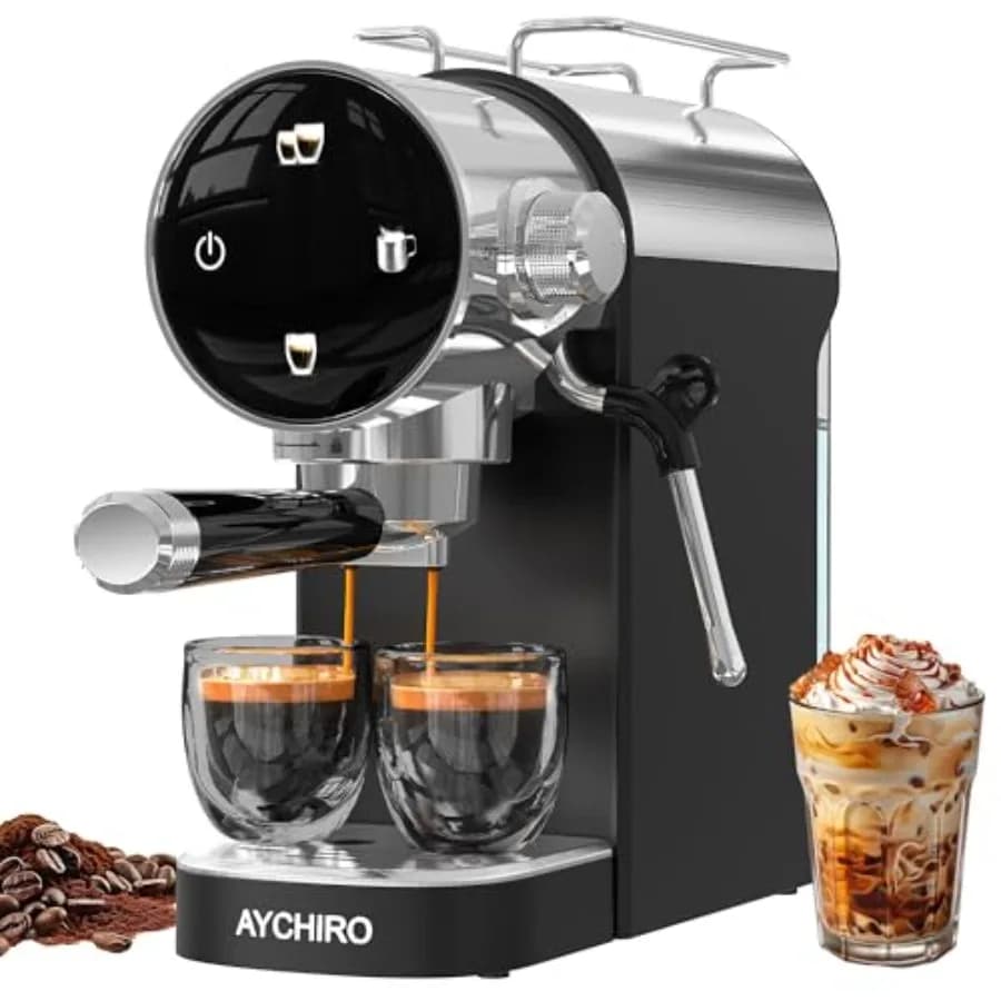 Macchina per caffè espresso domestica con corpo in acciaio inossidabile di colore nero, funzionamento semiautomatico e montalatte integrato per latte e