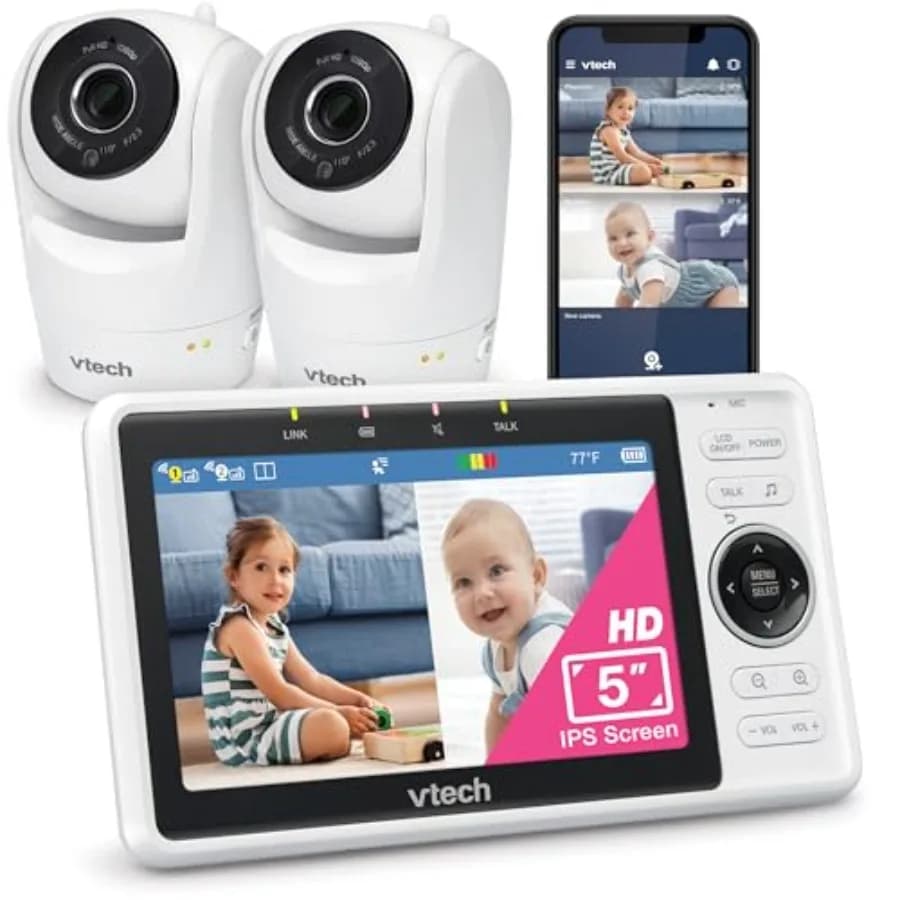 Monitor per Bambini VTech con 2 Telecamere Smart WiFi, Videocamera FHD 1080p e Schermo IPS HD da 5 Pollici, App Gratuita con Rilevamento di Movimento, Video e Suono