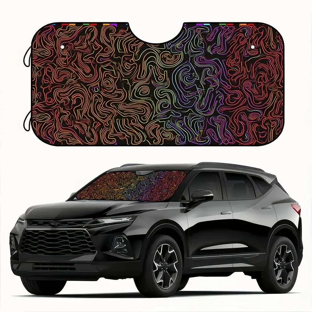 1 parasole per parabrezza per auto con ricciolo psichedelico - Design artistico arancione vibrante, viola e blu, parasole pieghevole riflettente al calore