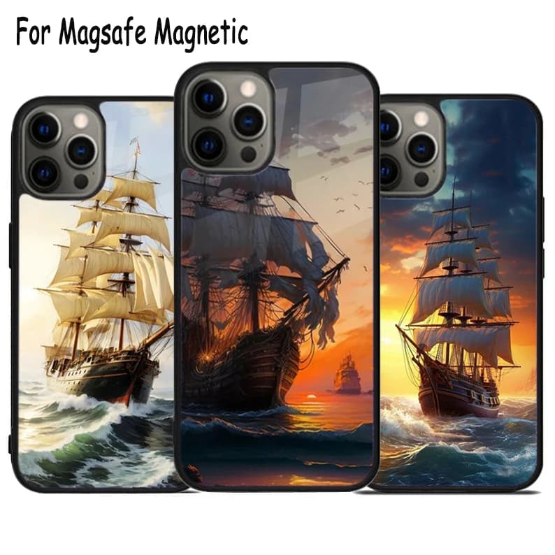 Custodia per telefono con ricarica wireless a tema Nave Pirata e Barca a Vela per iPhone 17 Air 15 16 16e 14 13 11 12 Pro Max Plus, Cover Magnetica Magsafe