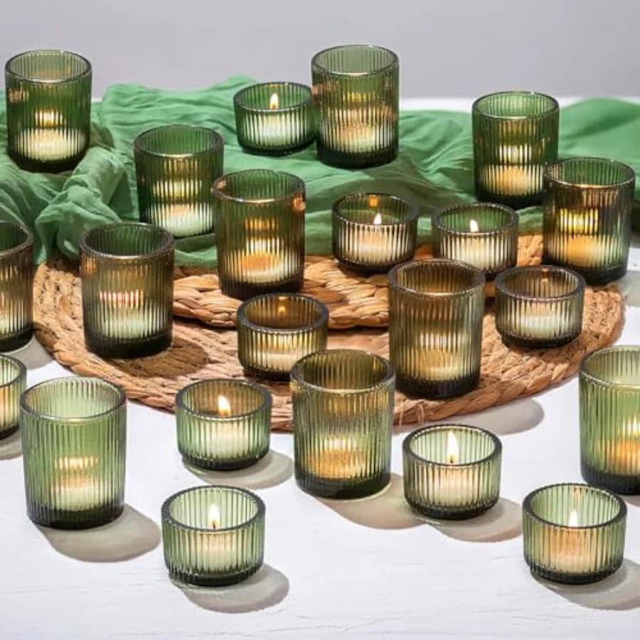 Set di 36 Portacandele Vintage in Vetro Verde Scanalato, 18 Grandi e 18 Piccoli, per Natale e Centrotavola