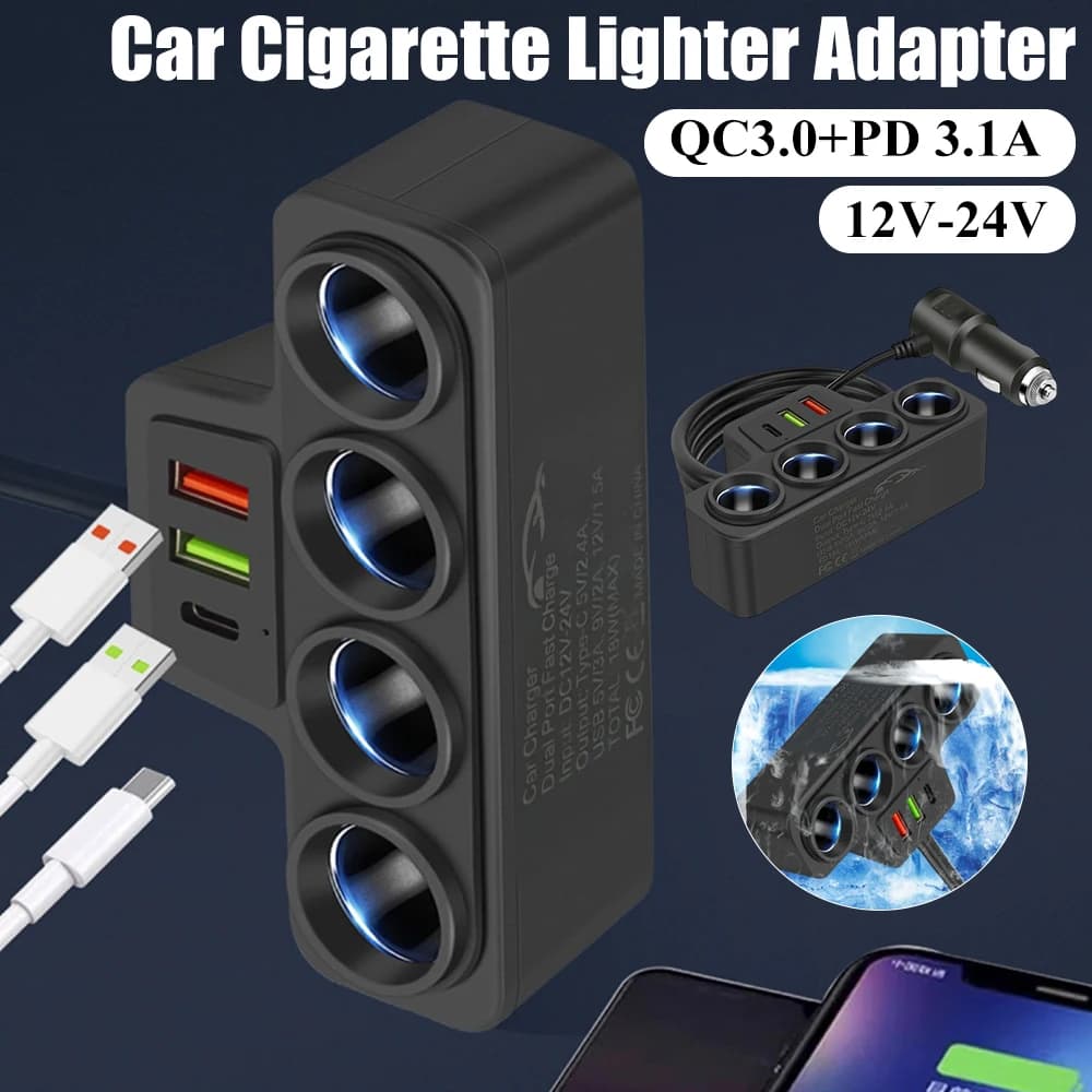 Car cigarette lighter adapter with 3 USB ports QC3.0 PD 3.1A, Quick 4 socket charger for Phone