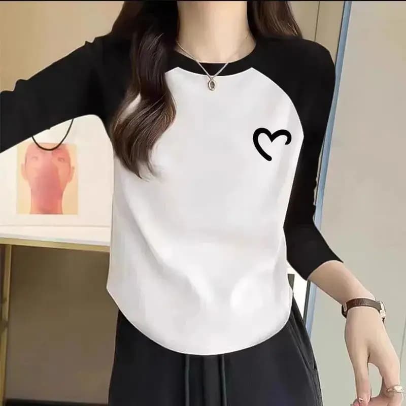 Fall 2026 American Hot Girl Style Short Sleeve Women's Slim Fit Casual Color Block Long Sleeve T-Shirt Base Shirt Top