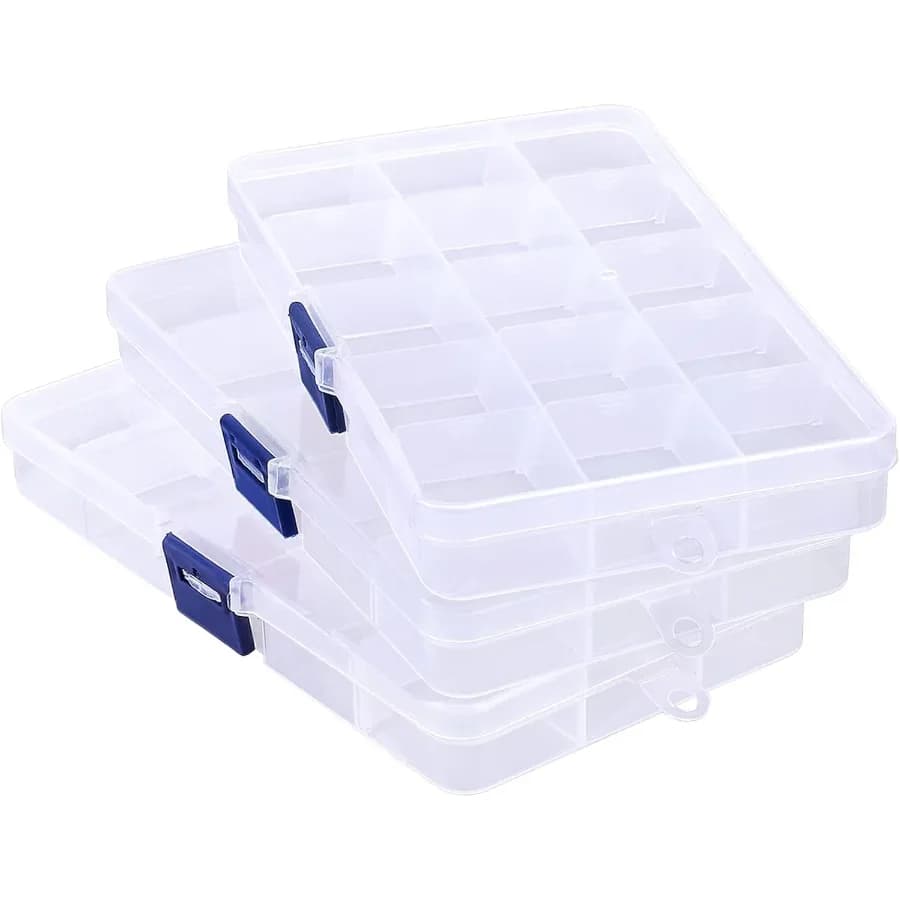 Scatola portaoggetti per unghie finte in plastica trasparente da 3 pezzi a 15 griglie con divisore per custodia organizer con strass, ideale per viti da cucito artigianali d'arte Roc