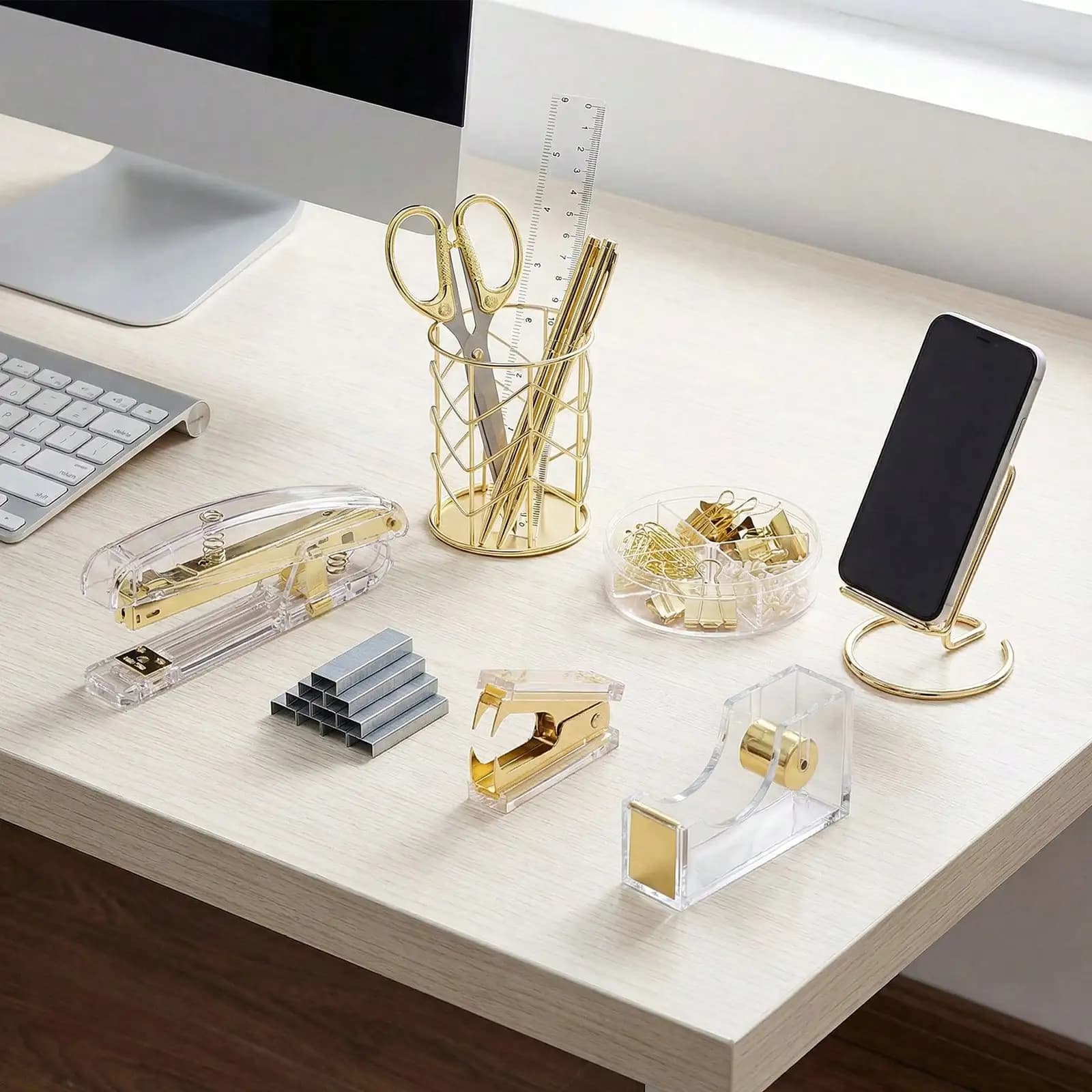 Tomnk 1Set Gold/Rose Gold Desk Accessories Set, Aesthetic Acrylic Office Supplies, Includes Stapler, Pen Holder, Phone Stand, Modern Desk Organizer For Office & Home Decor