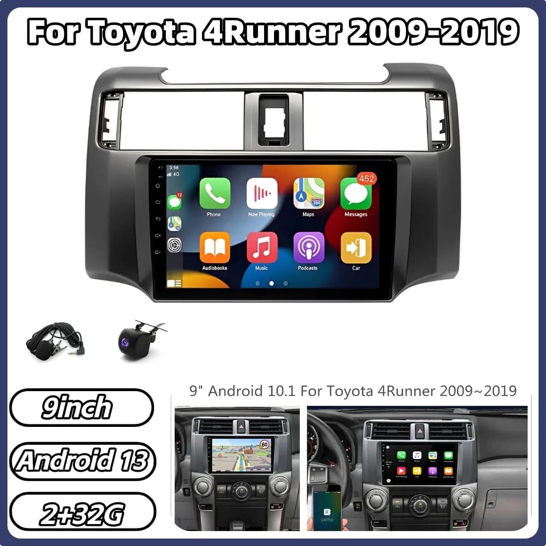 Autoradio Android 13 da 9 pollici 2+32G con GPS e Navigazione per 4Runner 2009-2019, compatibile con Carplay e Android Auto, touchscreen, Bluetooth e WiFi