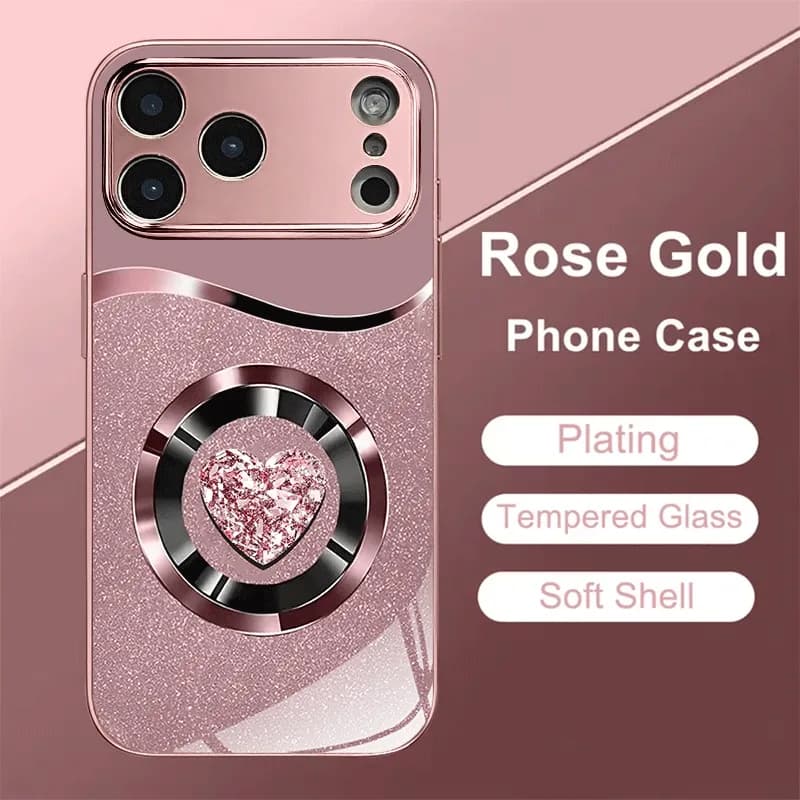 Pink Love Heart Pattern Pink Metallic Tempered Glass Phone Case For iPhone 17 16 15 14 13 12 11 Pro Max 15 Plus 17 Air 17E Cover