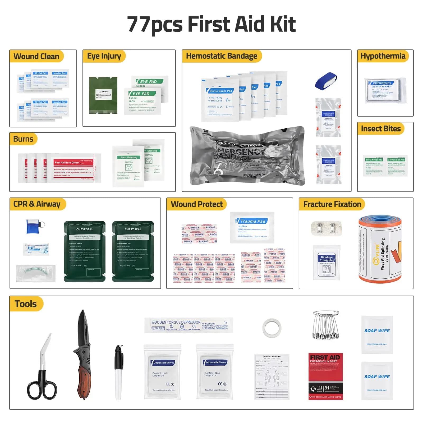 Kit di Pronto Soccorso CVLIFE con Tasca MOLLE, Kit Completo per Traumi per Auto, Campeggio, Escursionismo e Viaggi